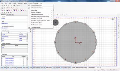 Available analysis types include:

Section properties calculations (with regard to a user defined base material or the geometric properties of the section) including inertia data, elastic and plastic elasticity moduli, etc.

Calculation and plotting of the Moment vs. Curvature diagram for bending about a predefined axis. Accordingly, a Force vs. Axial strain diagram can be created.

Calculation of the equivalent bilinear Moment vs. Curvature graph with predefined or no hardening, as well as reporting of yield/ultimate curvatures and moments.

Estimation of the neutral axis, strain distribution and plotting of stress contour under given sets of biaxial applied forces. Reporting of reinforcement forces (if any) and the maximum/minimum stress locations for each material in the section.
Estimation of the biaxial applied forces under a given neutral axis (location, orientation and curvature). As in previous case, the strain distribution and a stress contour are plotted. Moreover, the reinforcement forces (if any) are reported and the maximum/minimum stress locations for each material in the section are computed.

Advanced Interaction Diagram Analysis. The failure surface is calculated and plotted in one of the following coordinate systems, as per user defined parameters: Moment about predefined axis vs. Axial force or Moment about first axis vs. Moment about second axis. The user can specify different values for reinforcement ratios (if rebars have been provided) or axial force values, so that a multiple graphs can be plotted in one graph. This analysis type is generic and can be used to excerpt the interaction diagram of any generic section under of any material, shape etc. Apart from this, the use of Advanced Interaction Analysis is not recommended for reinforced concrete cross sections, where the following option is more appropriate.

Interaction diagram as per specified Reinforced Concrete Code. The program computes the interaction diagram as explained before, but applies all relative regulation checks, stress distributions, safety factors etc., according to the provided code (AASHTO, UBC, AS 3600, IS 456, ACI 318, BS 8110, CSA A233, EC2, NZS 3101 and CP 65).

Reinforcement Design. The provided reinforcement is designed, so that the required rebar diameters are chosen from the existing reinforcement rebars defined in the project. This procedure takes place in accordance to the provided regulation (AASHTO, UBC, AS 3600, IS 456, ACI 318, BS 8110, CSA A233, EC2, NZS 3101 and CP 65).

Reinforcement Check. The given reinforcement pattern is checked and a capacity ratio of the cross section is reported.