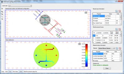 Neutral plain information (Strain at origin, Curvature, Orientation), developed forces and stresses at reinforcement bars and comprehensive reporting of the stresses per material.