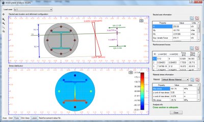 Load information (Axial force and Moments about Y, Z axis), developed forces and stresses at reinforcement bars and comprehensive reporting of the stresses per material.