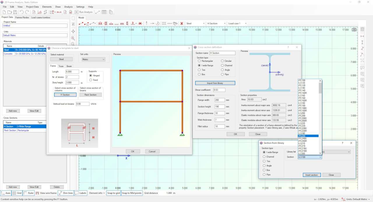 Creation of a new frame using template. Use of predefined cross sections.