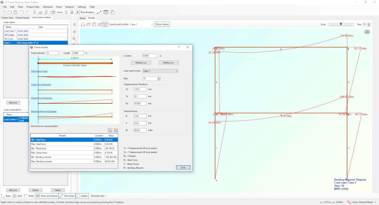 Internal force diagrams and comprehensive representation for each frame