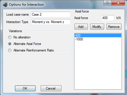 Specifying axial force levels of 400 and -1000 kN that are considered to plot the interaction diagram