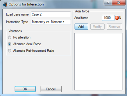 Setting different axial force levels for the interaction diagrams