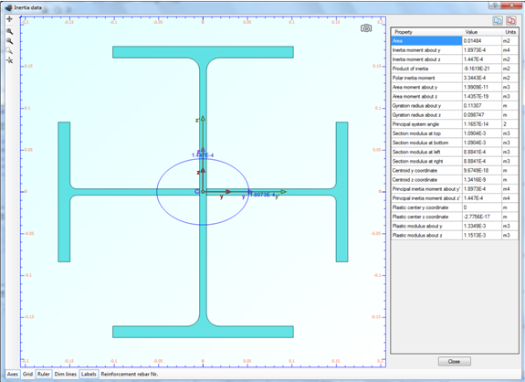 Calculated sectional properties. The inertia ellipse is shown on the cross section.