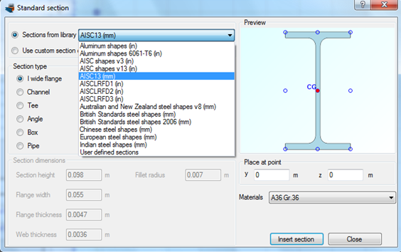 Selecting the AISC database to import a standard steel section