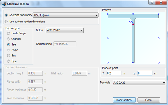 Importing a WT155X26 tee section from the AISC database