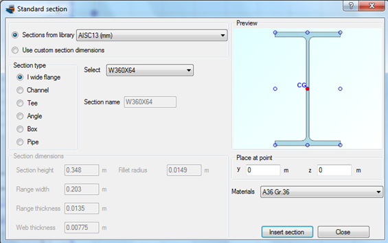 A wide flange section W360X64 from the AISC database is imported