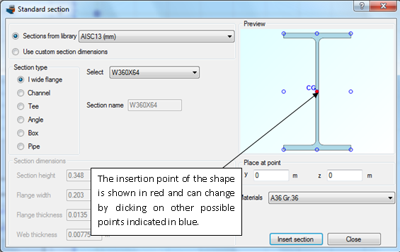 Specifying the insertion point of the steel section