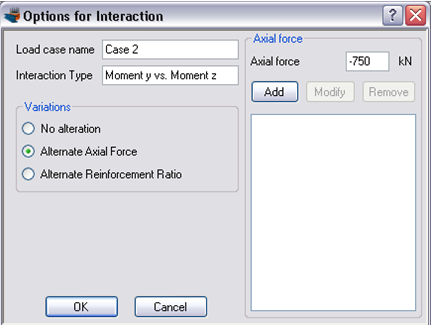 Specifying a compressive axial force of -750 kN for the interaction load case 2