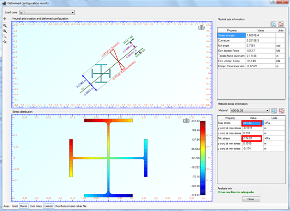 Strain distribution, stress contour and maximum/minimum developed stresses for load case 1