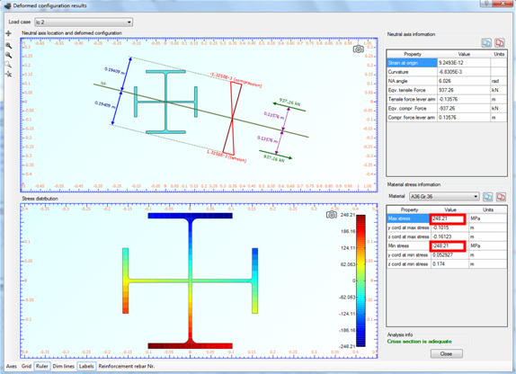 Strain distribution, stress contour and maximum/minimum developed stresses for load case 2