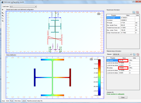 Strain distribution, stress contour and maximum/minimum developed stresses for load case 3