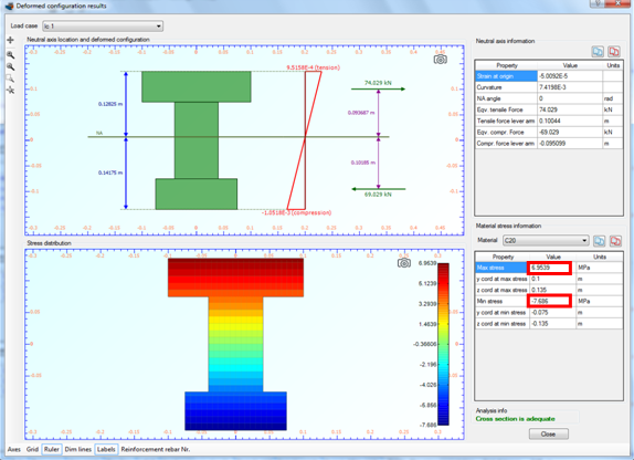 Strain distribution, stress contour and maximum/minimum developed stresses for load case 1