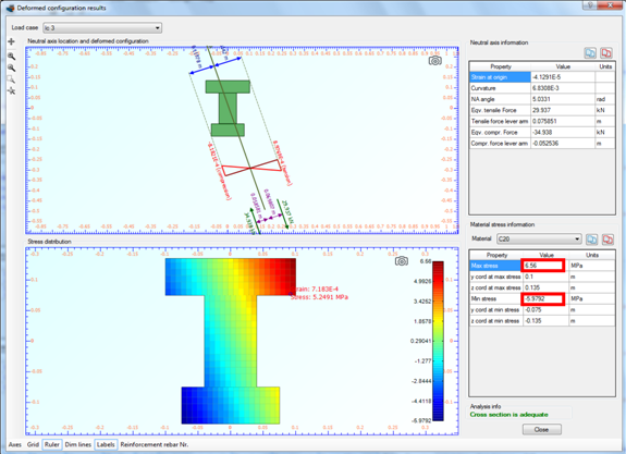 Strain distribution, stress contour and maximum/minimum developed stresses for load case 3