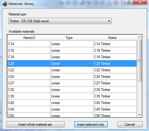 A C20 wood grade according to EN338 is imported in the project