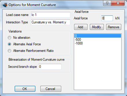 Specifying axial force levels (no axial force, -500 kN, -1000 kN)