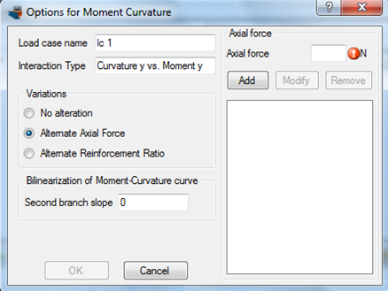 Definition of specific axial force levels for the moment curvature curves