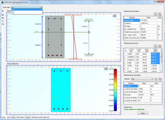 Results including neutral axis information, strain distribution, stress contour and reinforcement forces