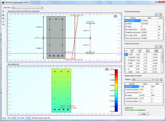 Cross section is adequate for load case 2. Reinforcement stress does not exceed the limit of 180 MPa.