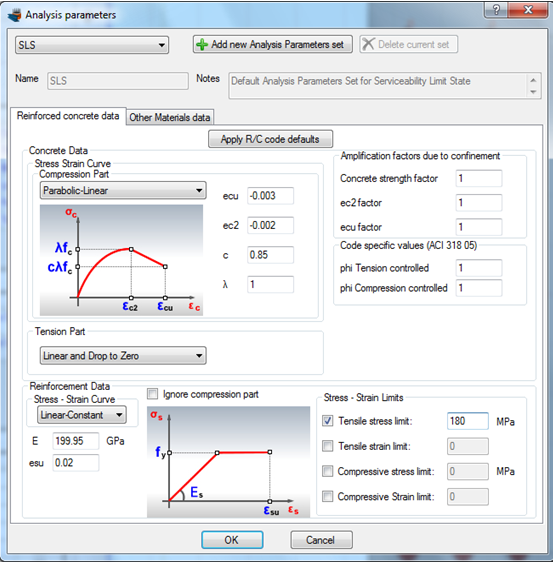 Applying a tensile stress limit for reinforcement for SLS analysis parameters set