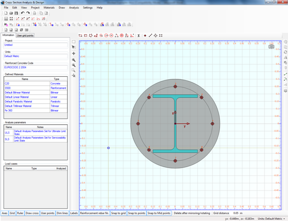 Geometry of composite cross section (encased wide steel section in reinforced circular concrete part)