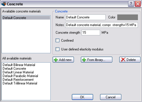 Concrete materials form (only default concrete is specified)