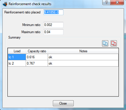 Reinforcement check results (capacity ratio, required reinforcement ratio, etc.)