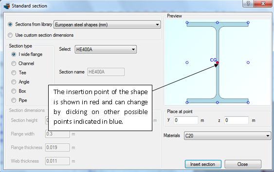 Specifying a HE400A section from library and its insertion point