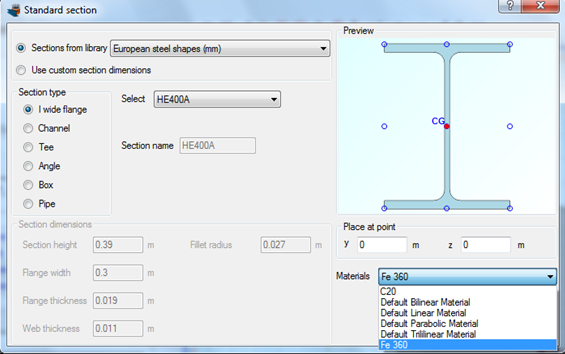 Assigning Fe360 steel grade to the section imported from library